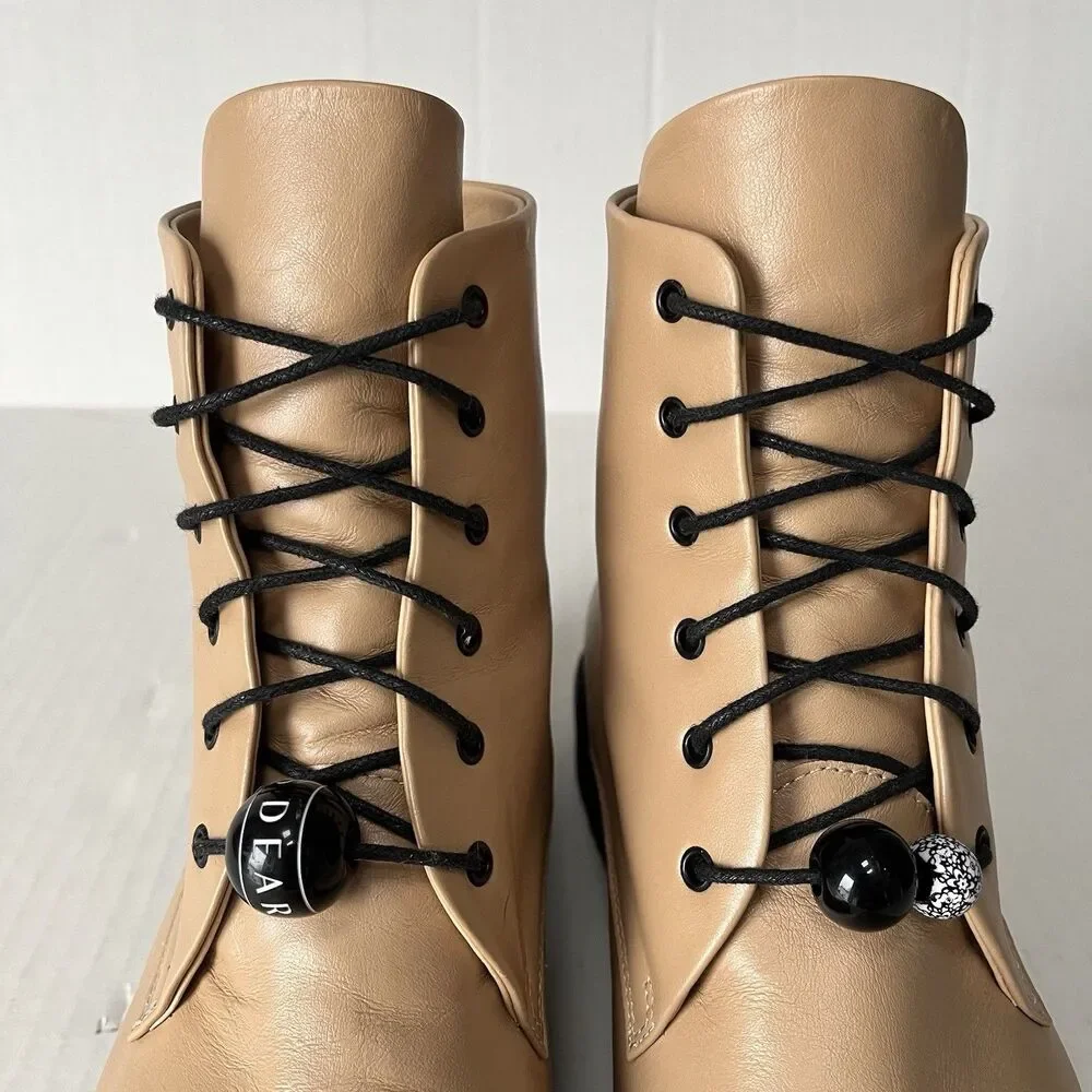 DEAR FRANCES Park Boot Womens 9.5 Camel Tan Leather Lace Up Ankle Combat Beaded